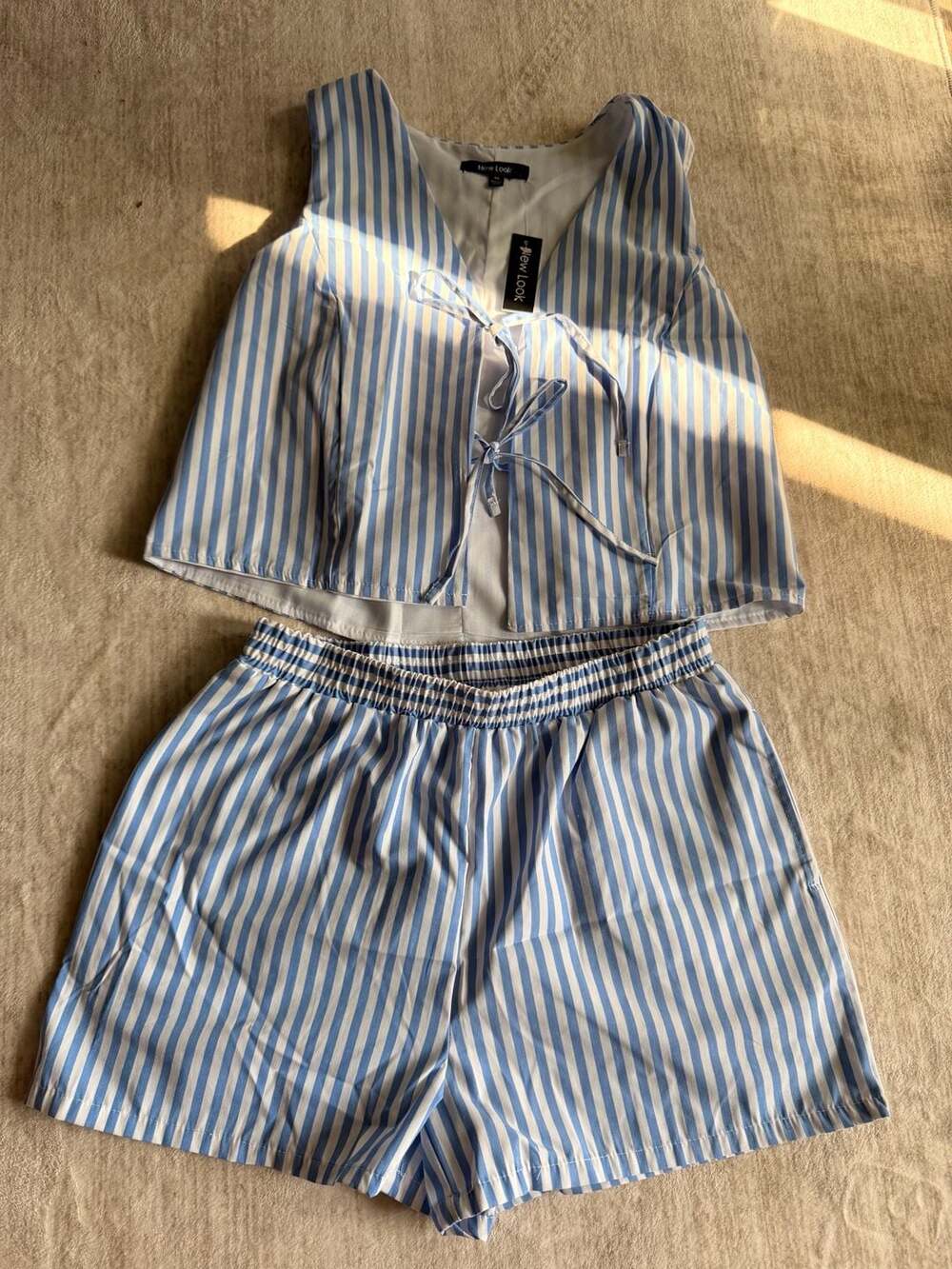 New Look Blue And White Striped Tie Front Top And Shorts Co-ord Set Size M